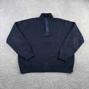 LL‎ Bean Sweater Mens Medium Blue Wool Blend Quarter Zip Pullover Elbow Patches